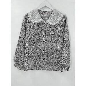 Joseph II Vintage Blouse Womens 12 Black White Lace Collar Polka Dots Button
